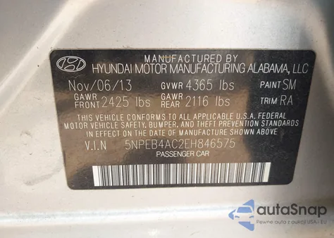 2014 Hyundai Sonata Gls z USA, uszkodzony, nr VIN 5NPEB4AC2EH846575